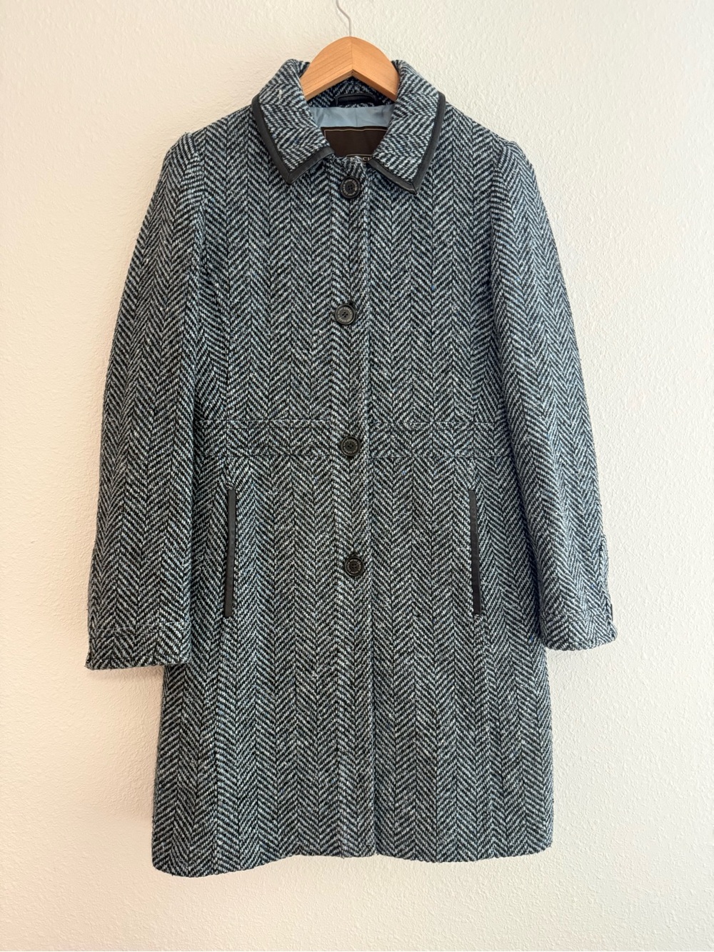 Coach Blue Herringbone Wool Single-breasted Buttoned Coat Medium